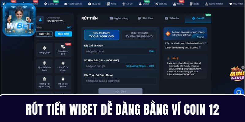 4 bước rút tiền WIBET qua ví coin12 cho người mới