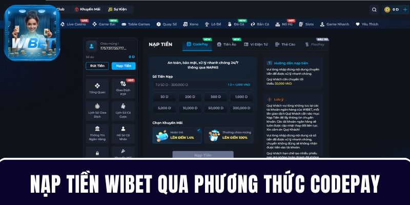 Hướng dẫn nạp tiền WIBET qua Codepay